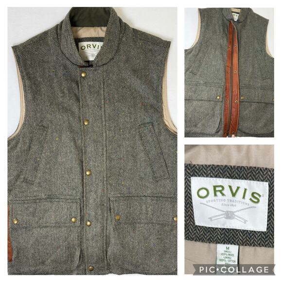 Orvis Other - ORVIS Wool Sz M Field Vest Herringbone Tweed Leather Lined Insulated Outdoor